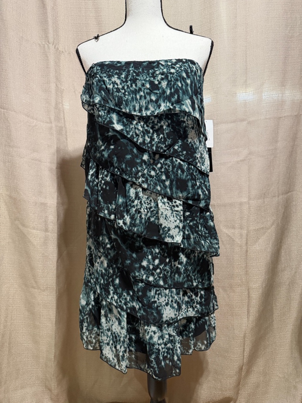 Kensie Strapless Teal and Black Layered Ruffle Dress
